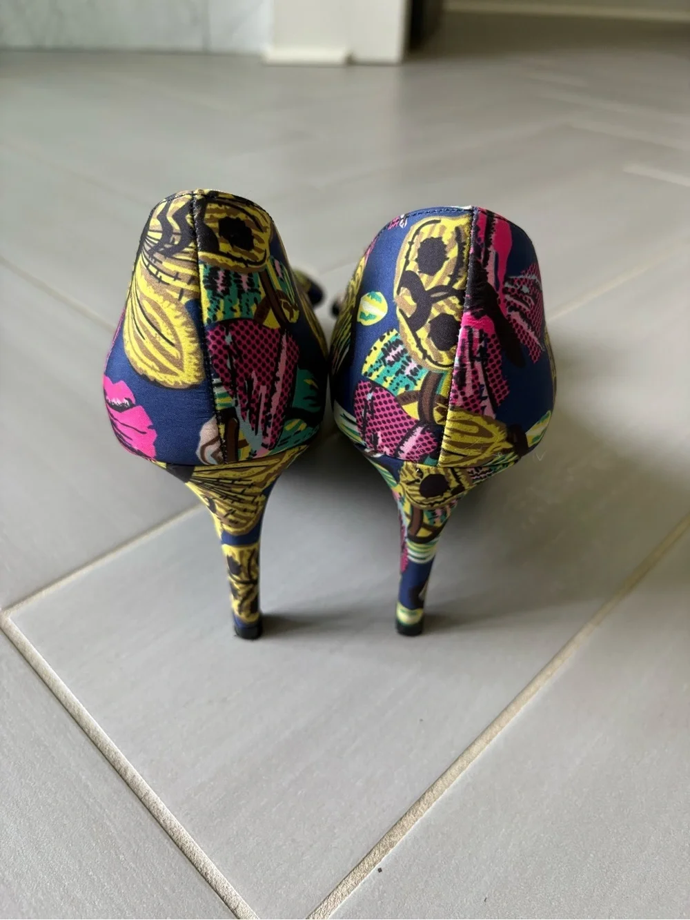 Navy Multicolor Printed Heels with Bow Accent